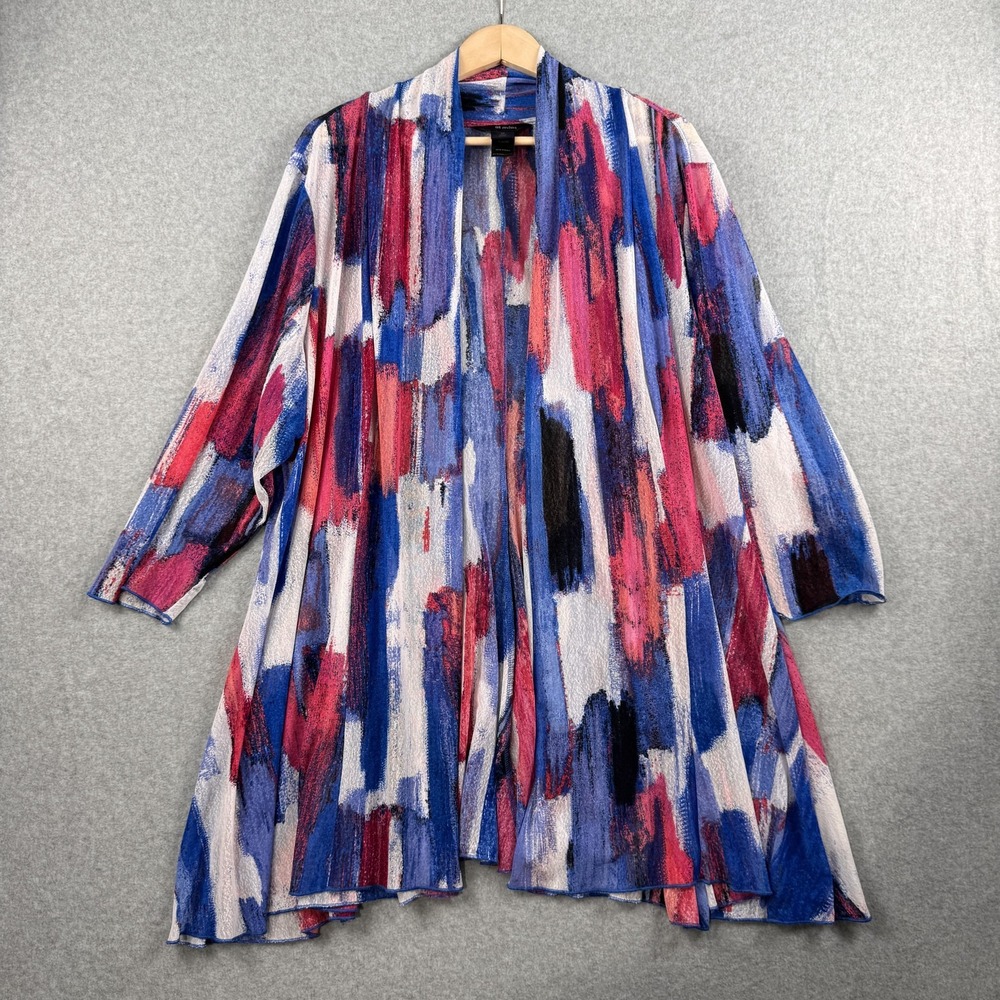 Ali‎ Miles Cardigan Womens 2X Blue Pink Abstract Brushstroke Open Front Mesh